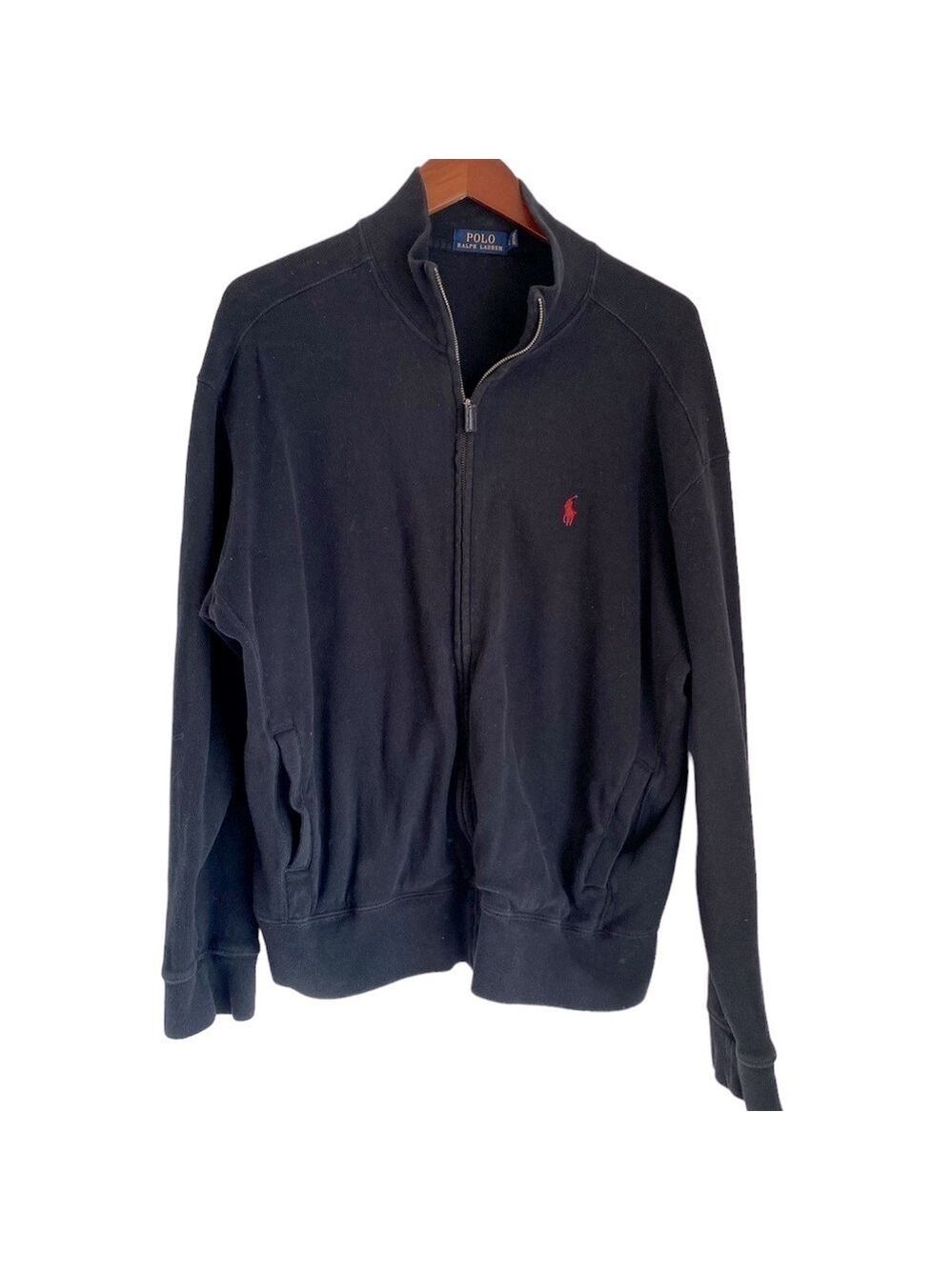 POLO RALPH LAUREN SWEATER ZIP FRONT COTTON RED PONY RIBBED LARGE POCKETS.